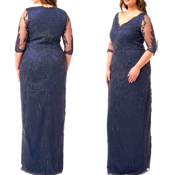 NWT JS Collection Scallop V Neck Embroidered Mesh Gown Size 16W - Picture 2 of 10